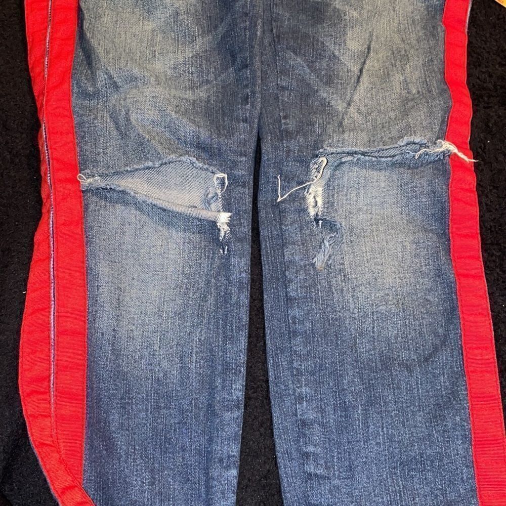 Etienne Marcel Tammy Side Stripe Skinny Double Red Ribbon High Low Raw Hem Jeans - Picture 5 of 8